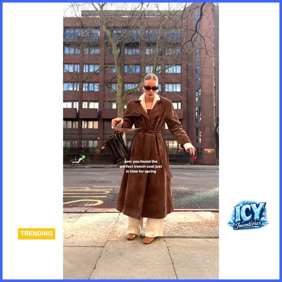 Faux Suede Long Trench Pea Coat with Belt Notched Lapel Double Breasted - Picture 7 of 7